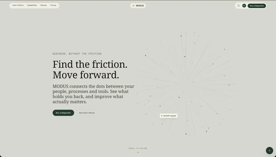 The MODUS homepage: a network of points resolving into a sphere beside the line “Find the friction. Move forward.”